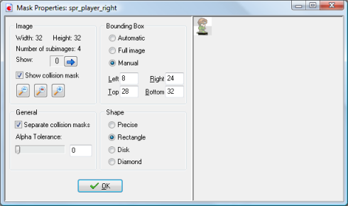 The Mask properties form for the player’s sprite.